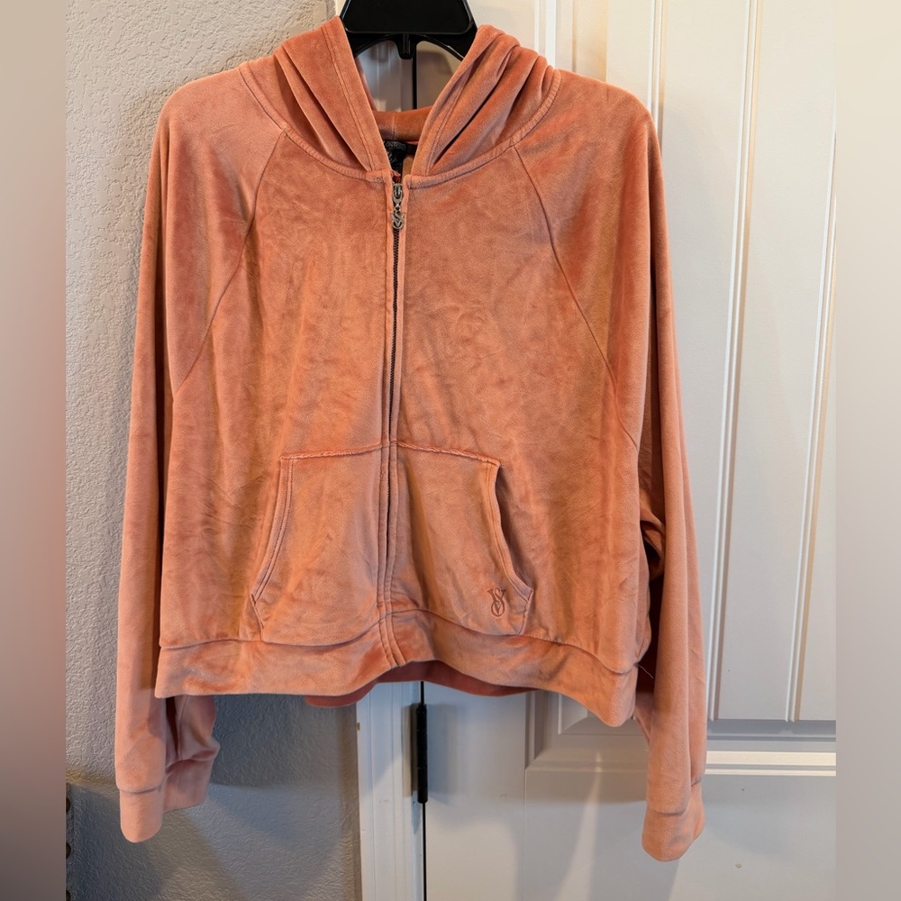 Victoria's Secret On Point Coral Hooded velour Jacket full zip sz xl